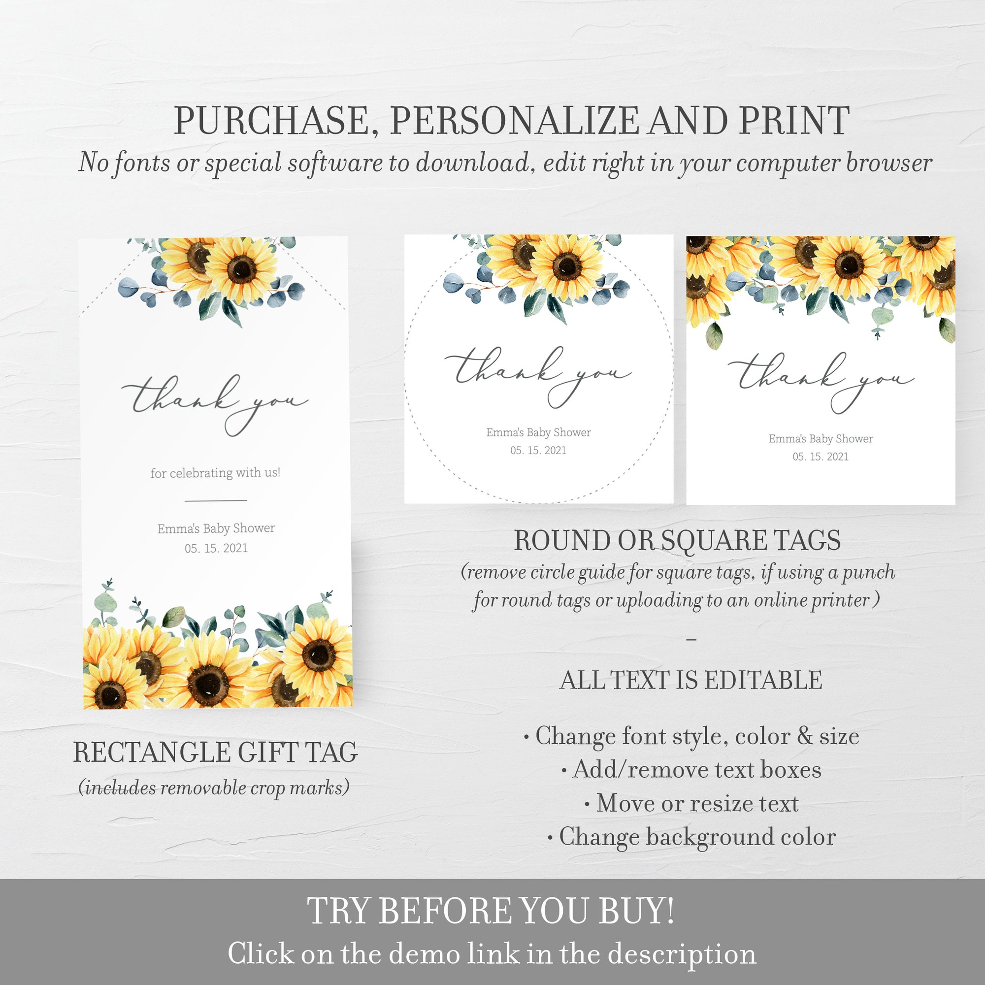 Sunflower Baby Shower Favor Tags Girl or Boy, Sunflower Favor Tags Printable Template, Round Square, Editable DIGITAL DOWNLOAD S100