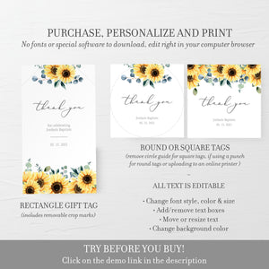 Sunflower Baptism Favor Tag Template, Sunflower Baptism Thank You Tags Printable, Round Square Rectangle, Editable DIGITAL DOWNLOAD S100