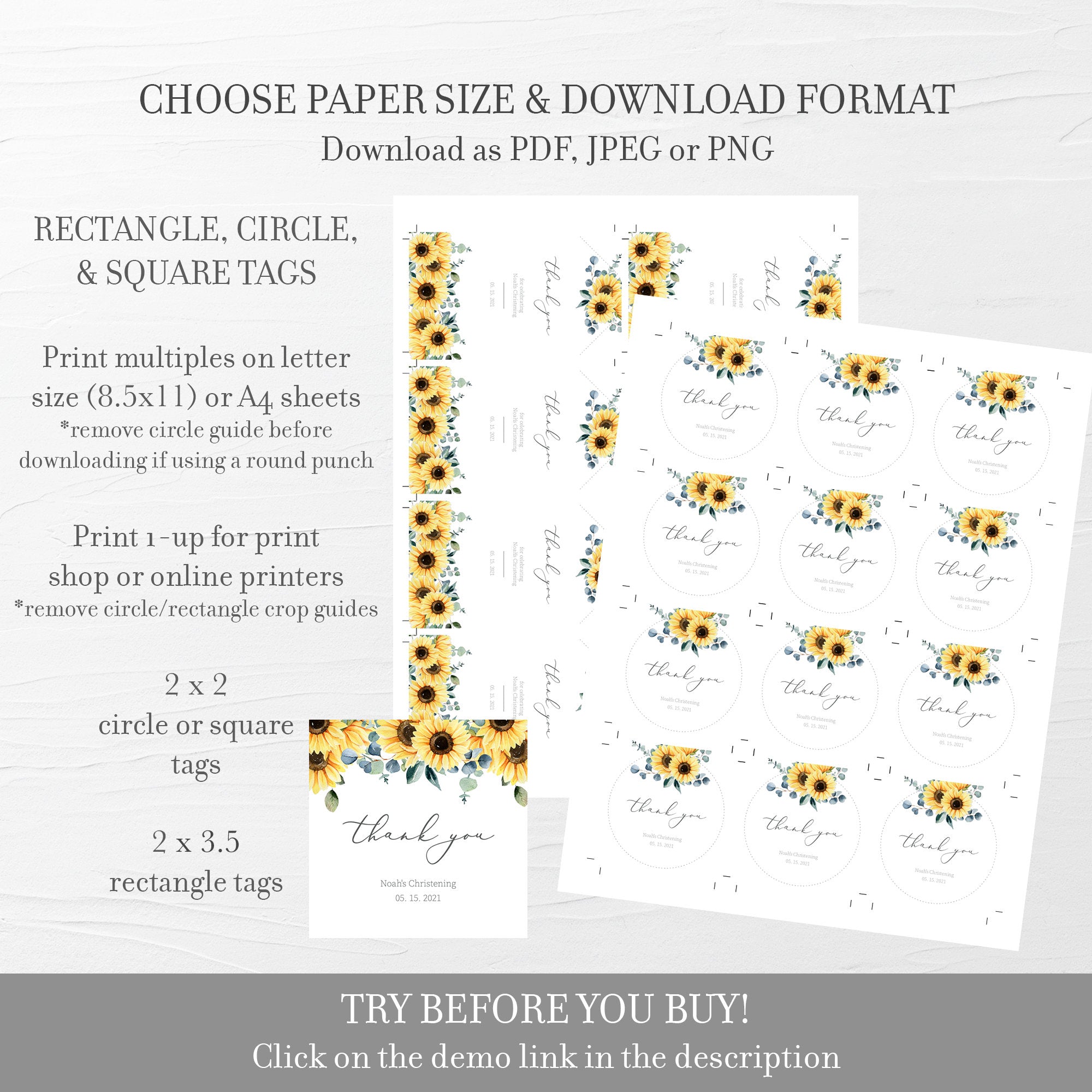 Sunflower Christening Favor Tag Template, Sunflower Christening Thank You Tags Printable, Round Square, Editable DIGITAL DOWNLOAD S100