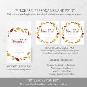 Friendsgiving Gift Tag Printable, Personalized Friendsgiving Favors Tag Template, Thankful For You, Editable DIGITAL DOWNLOAD FL100