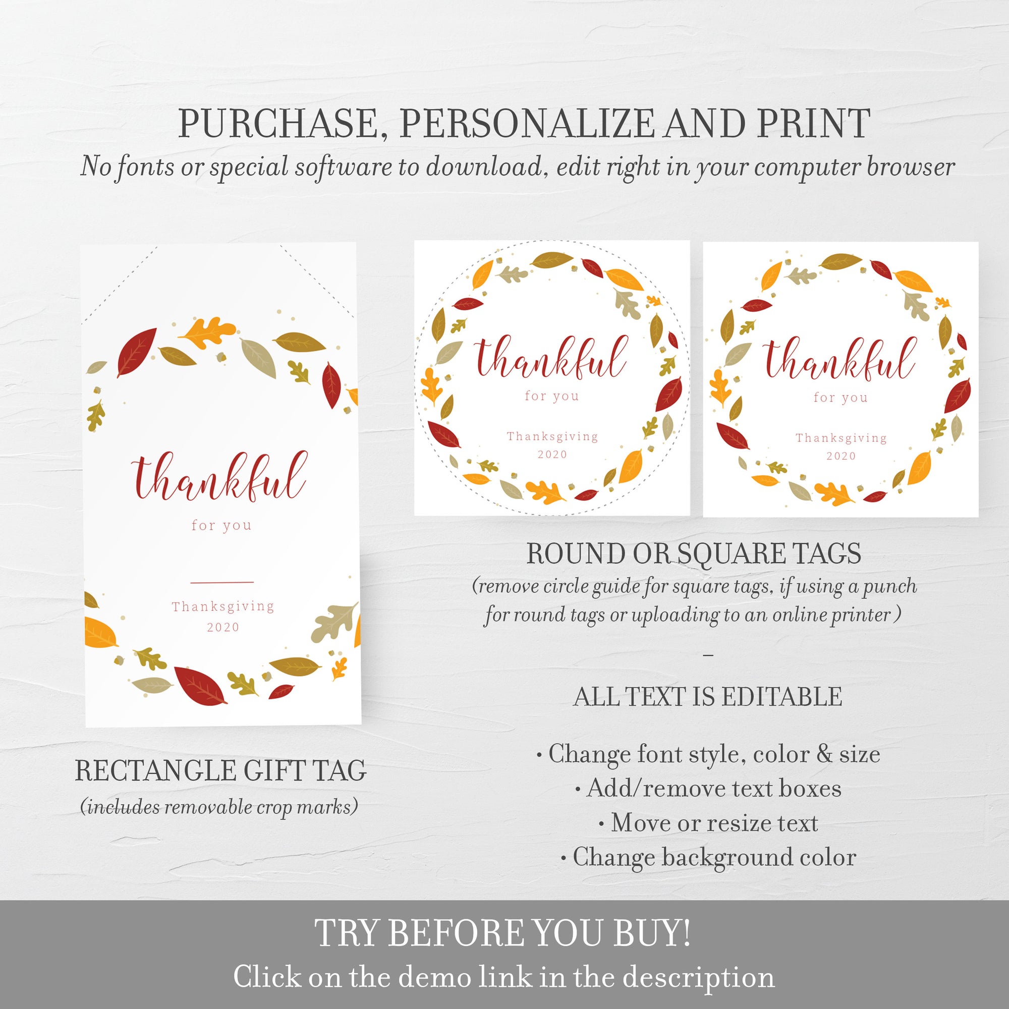 Thanksgiving Gift Tag Printable, Personalized Thanksgiving Favors Tag Template, Thankful For You, Editable DIGITAL DOWNLOAD FL100