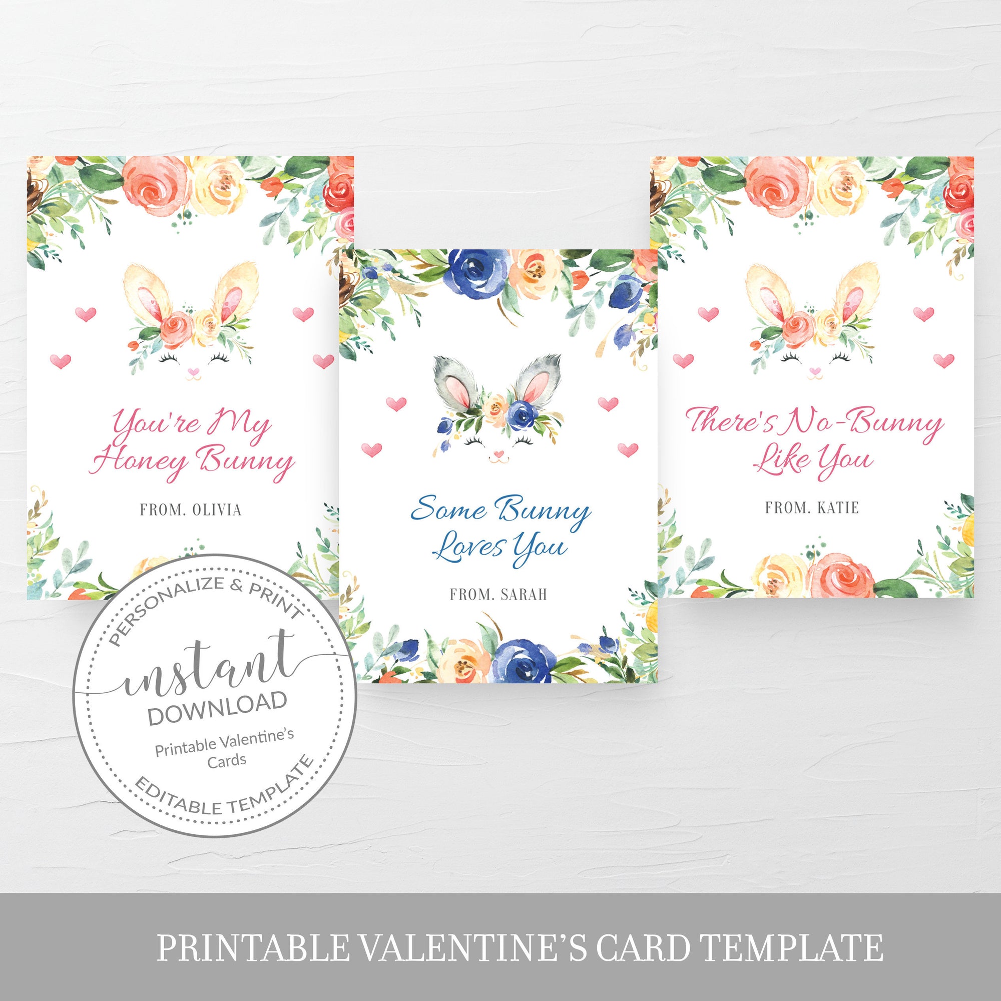 Bunny Printable Valentine Cards For Kids, Bunny Valentine Day Card Printable Template, Rabbit Valentines, DIGITAL DOWNLOAD B100