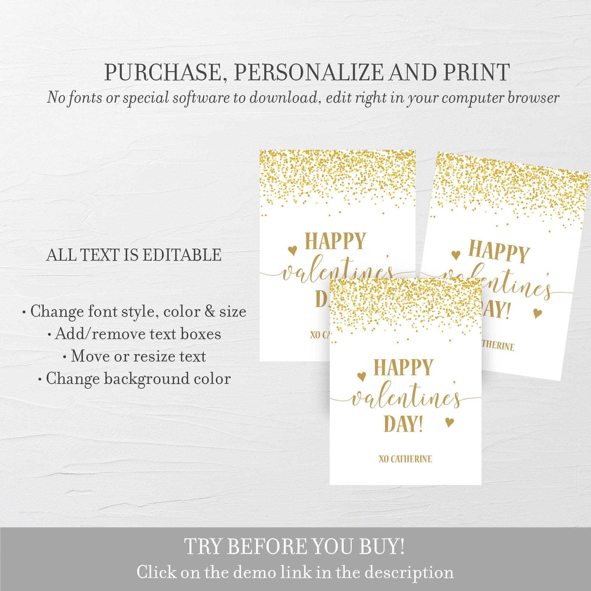 Printable Valentine Cards For Kids, Gold Personalized Valentine Day Card Printable Template, DIY Valentines Day Card, DIGITAL DOWNLOAD V200