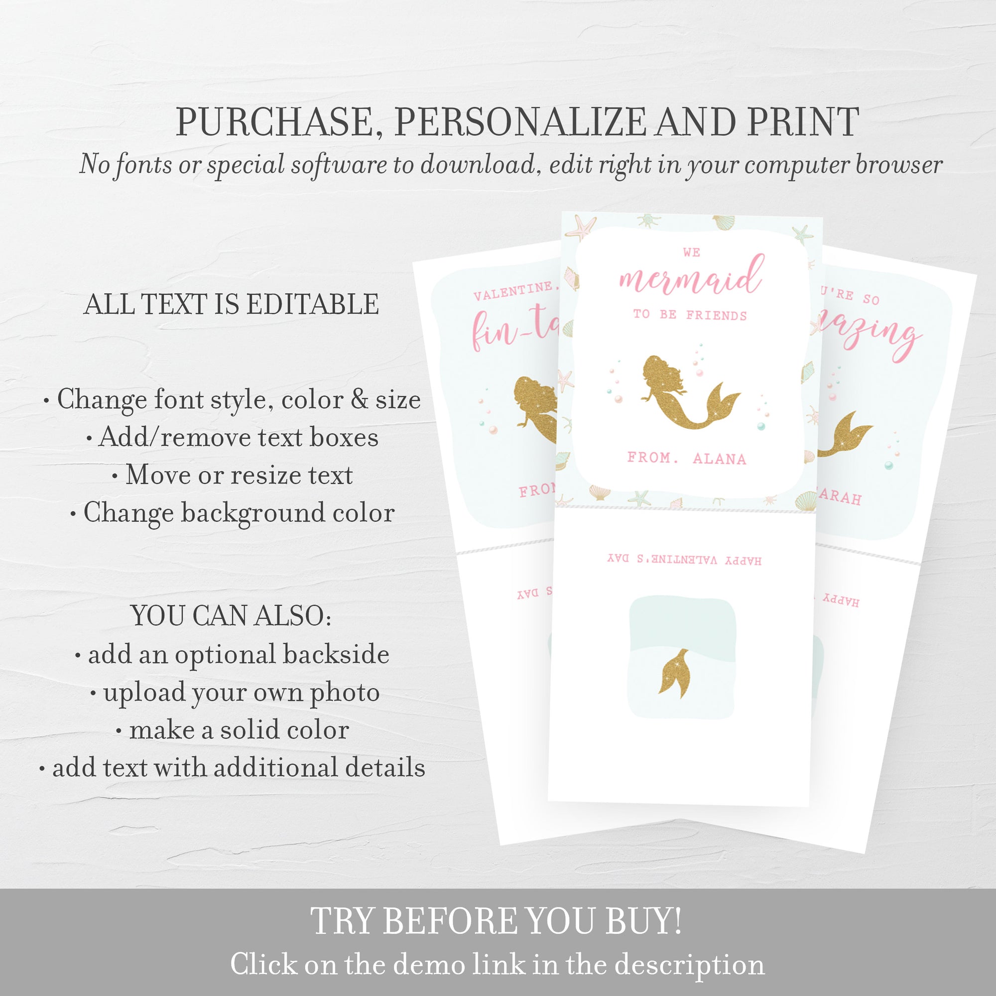 Printable Mermaid Valentine Card Template for Hair Scrunchies, Personalized Mermaid Valentine Scrunchie Tag, DIY DIGITAL DOWNLOAD M100