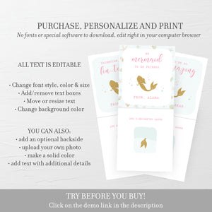 Printable Mermaid Valentine Card Template for Hair Scrunchies, Personalized Mermaid Valentine Scrunchie Tag, DIY DIGITAL DOWNLOAD M100