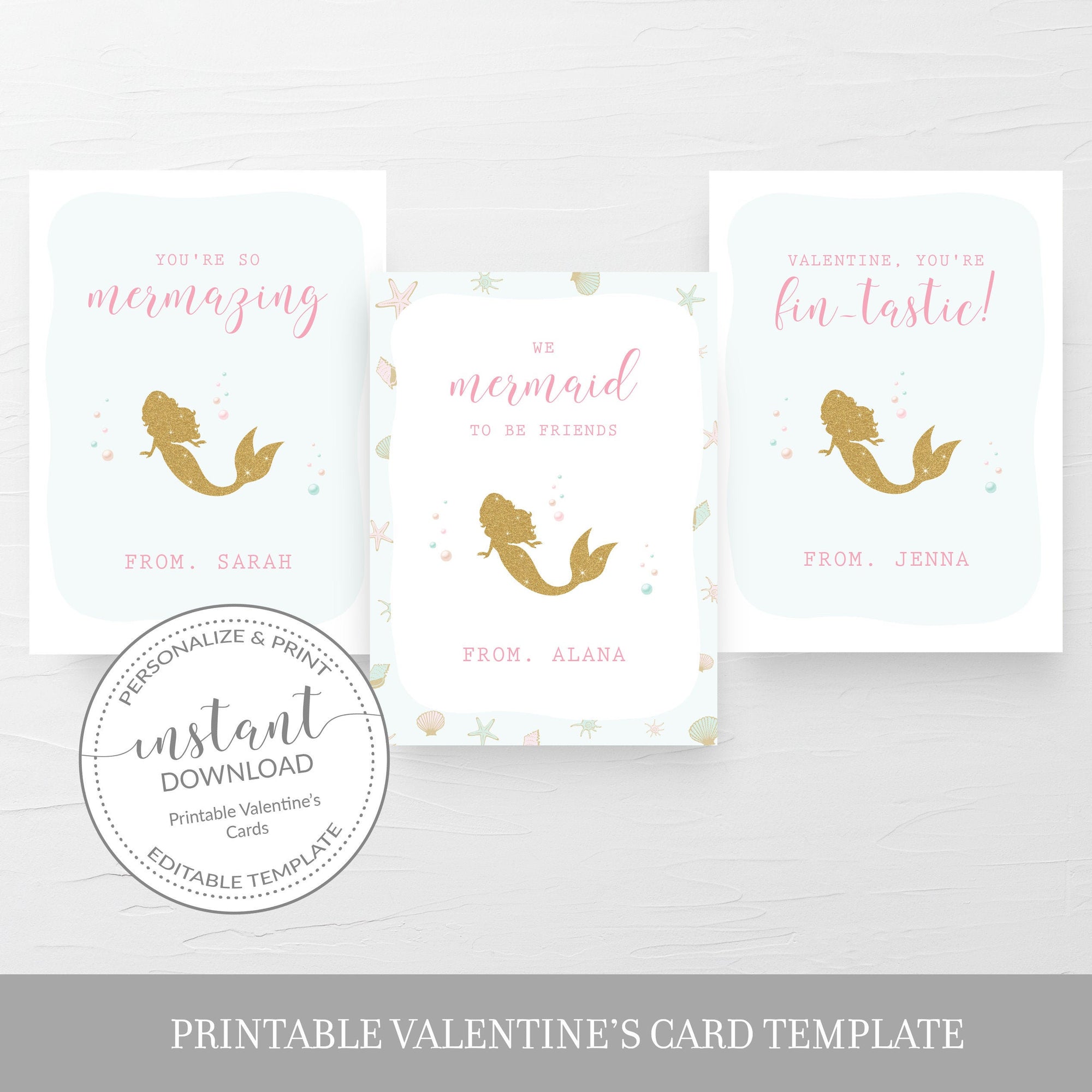 Mermaid Printable Valentine Cards For Kids, Mermaid Valentine Day Card Printable Template, Mermaid Valentines, DIGITAL DOWNLOAD M100