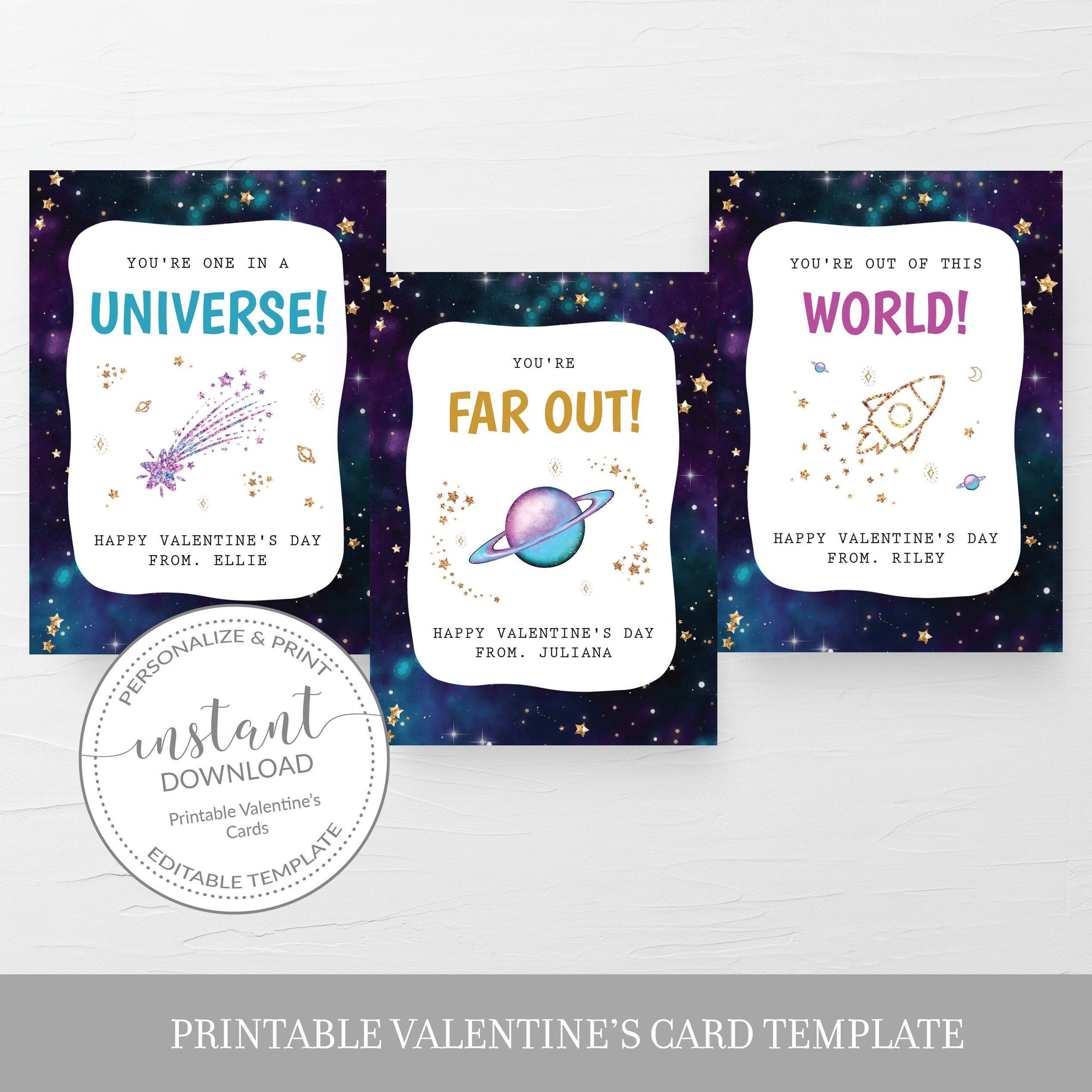 Outer Space Printable Valentine Cards For Kids, Galaxy Valentine Day Card Printable Template, Outer Space Valentines, DIGITAL DOWNLOAD SG100