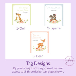 Printable Woodland Valentine Card Template for Hair Scrunchies, Personalized Woodland Creature Valentine Scrunchie Tag DIGITAL DOWNLOAD W100