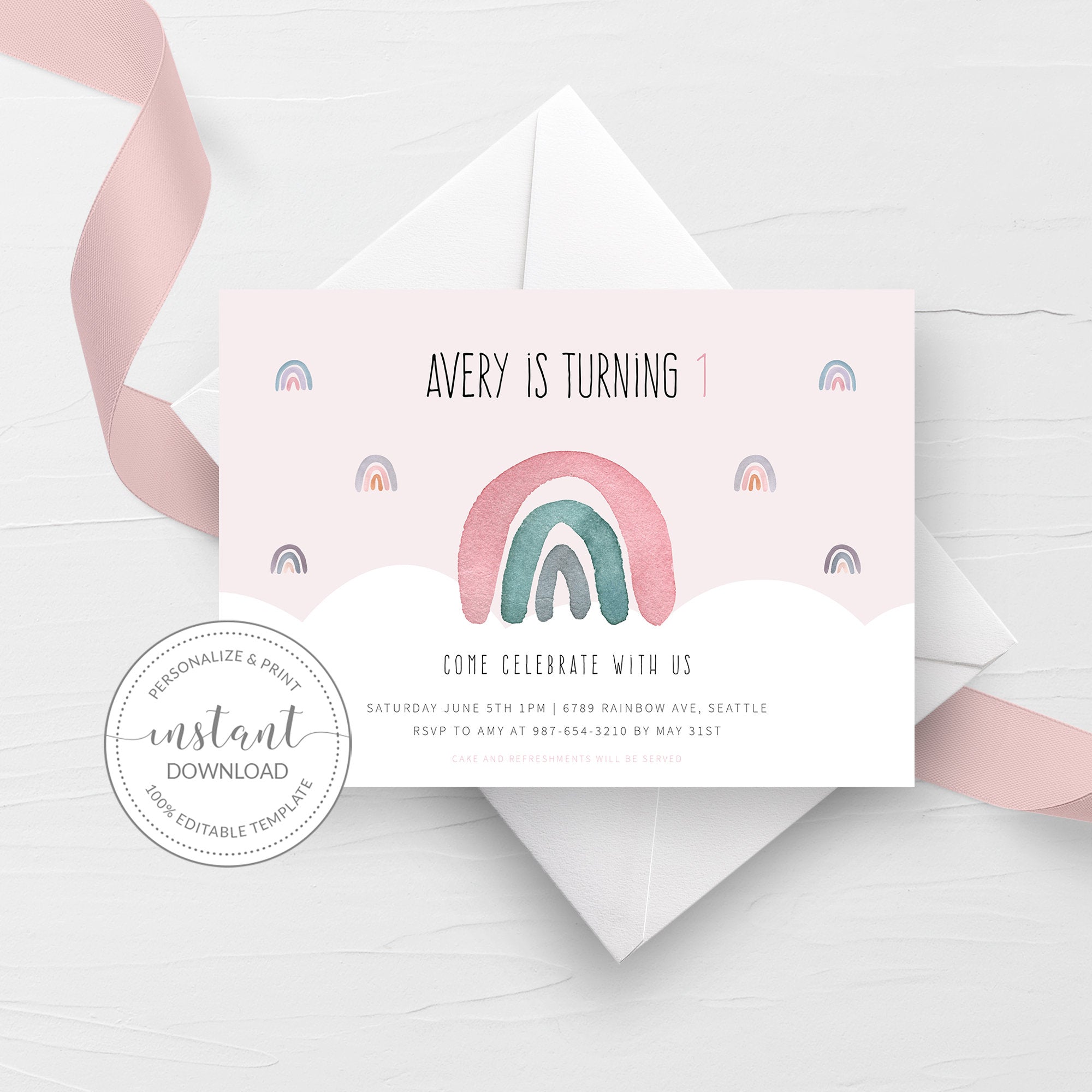 boho-rainbow-party-invitation-template-printable-pastel-rainbow-invit-plumpolkadot for Free Printable Rainbow Birthday Invitations Boho Rainbow Party Invitation Template, Printable Pastel Rainbow Invit - PlumPolkaDot for Free Printable Rainbow Birthday Invitations