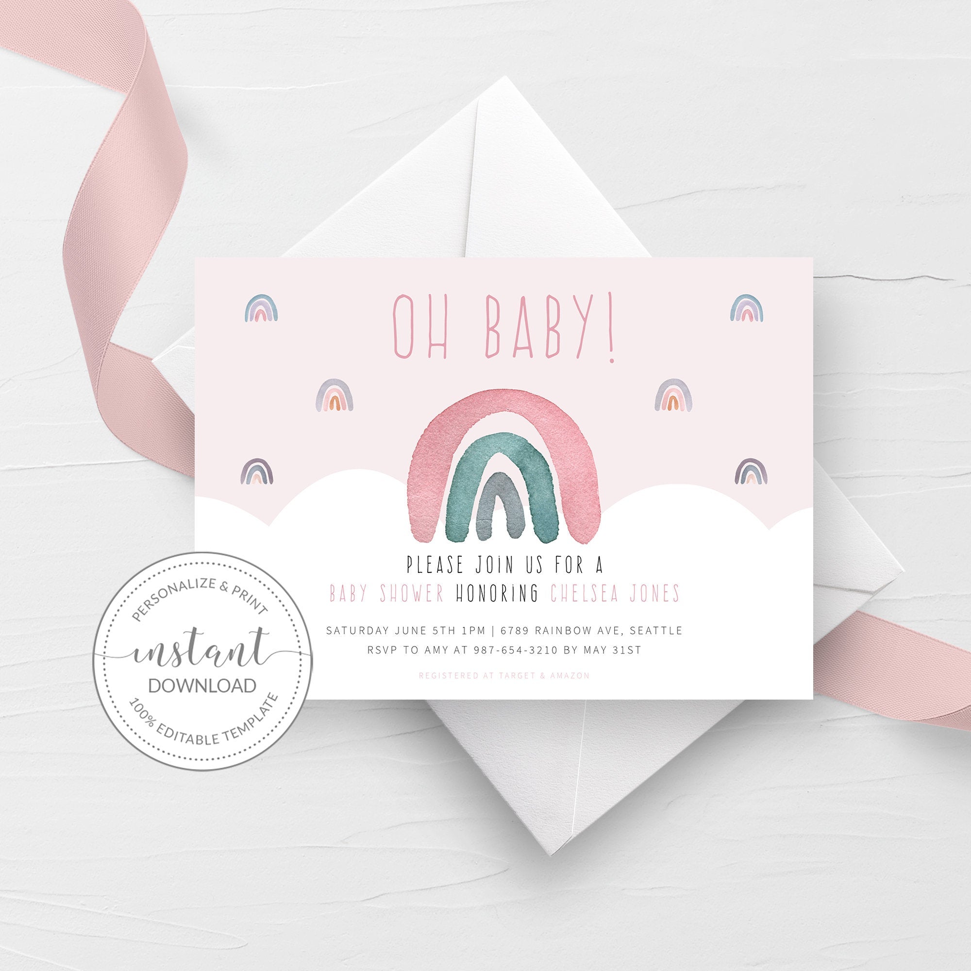 Boho Rainbow Baby Shower Invitation Template, Printable Pastel Rainbow Invite, Editable INSTANT DOWNLOAD R100