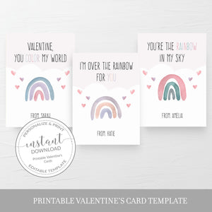 Pastel Rainbow Printable Valentine Cards For Kids, Rainbow Valentine Day Card Printable Template, Rainbow Valentines, DIGITAL DOWNLOAD R100