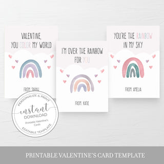 Pastel Rainbow Printable Valentine Cards For Kids, Rainbow Valentine Day Card Printable Template, Rainbow Valentines, DIGITAL DOWNLOAD R100