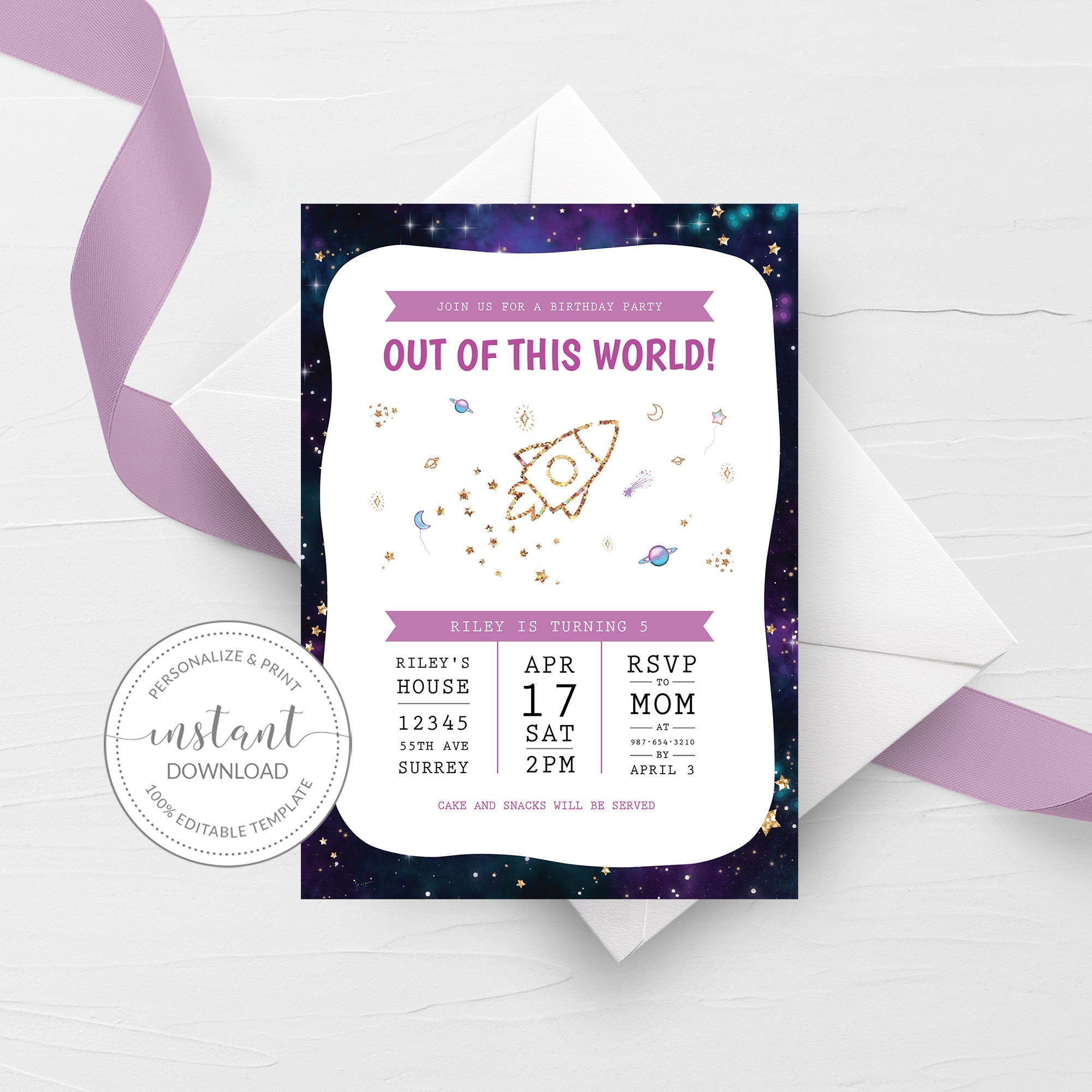 Space Birthday Invitation Printable, Outer Space Party Invitation Template, Space Birthday Party Invitation, Editable DIGITAL DOWNLOAD SG100