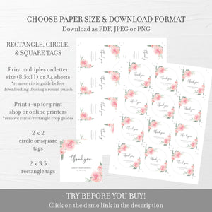 Printable Girl Baby Shower Favor Tags, Blush Floral Favor Tag Template, Pink Baby Shower Thank You Tags, Editable DIGITAL DOWNLOAD FR100