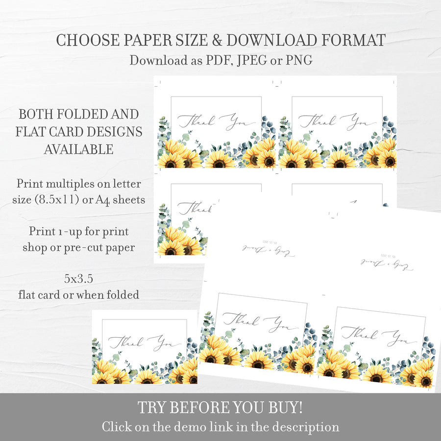 Sunflower Thank You Card Template, Printable Sunflower Thank You Note ...