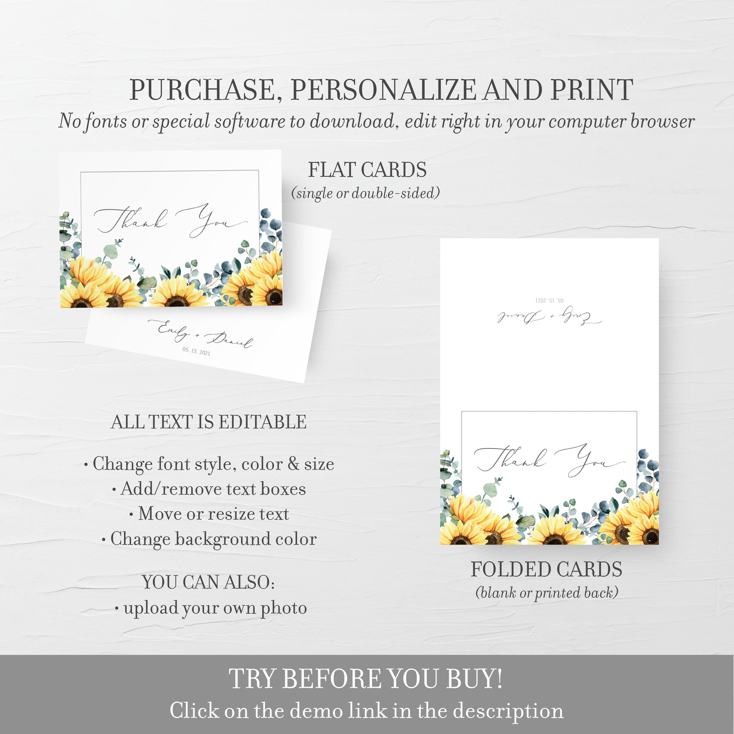 Sunflower Thank You Card Template, Printable Sunflower Thank You Note ...
