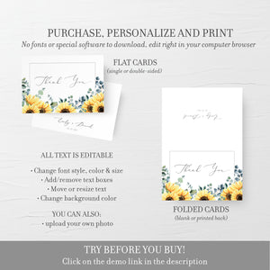 Sunflower Thank You Card Printable, Sunflower Wedding Thank You Note, Folded and Flat 5X3.5, Editable Template DIGITAL DOWNLOAD - S100