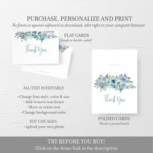 Blue Floral Thank You Card Printable, Blue Floral Wedding Thank You Note, Folded and Flat 5X3.5, Editable Template DIGITAL DOWNLOAD - BF100