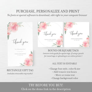 Printable Girl Baby Shower Favor Tags, Blush Floral Favor Tag Template, Pink Baby Shower Thank You Tags, Editable DIGITAL DOWNLOAD FR100