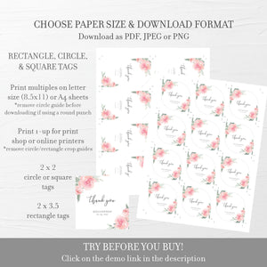 Pink Floral Party Favor Tags Printable, Pink Favor Tag Template, Girl Birthday Party Thank You Tags, Editable DIGITAL DOWNLOAD FR100
