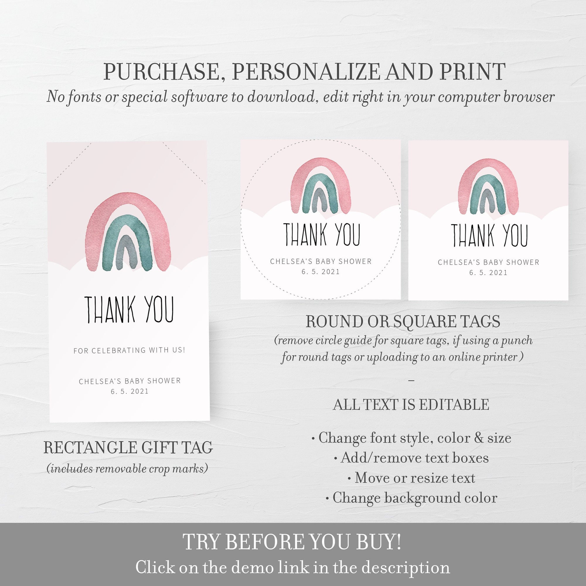 boho-rainbow-baby-shower-favor-tags-template-printable-watercolor-rai-plumpolkadot for Free Printable Rainbow Thank You Tags Boho Rainbow Baby Shower Favor Tags Template, Printable Watercolor Rai - PlumPolkaDot for Free Printable Rainbow Thank You Tags