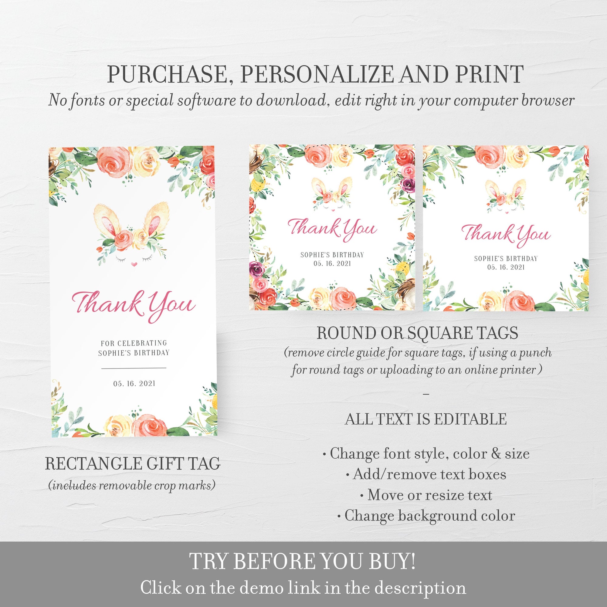 Bunny Party Favor Tags Printable, Spring Bunny Favor Tag Template, Easter Birthday Party Thank You Tags, Editable DIGITAL DOWNLOAD B100