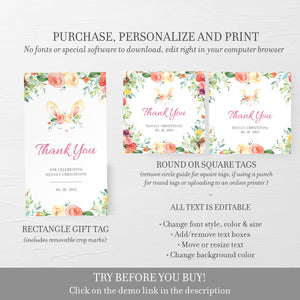 Printable Easter Christening Favor Tag Template, Bunny Theme Christening Thank You Tags, Spring Christening, Editable DIGITAL DOWNLOAD B100