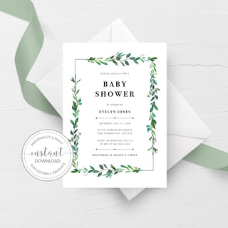 Greenery Baby Shower Invitation Template, Printable Baby Shower Invite Greenery, Baby Shower Invitation Greenery, 5x7 G100