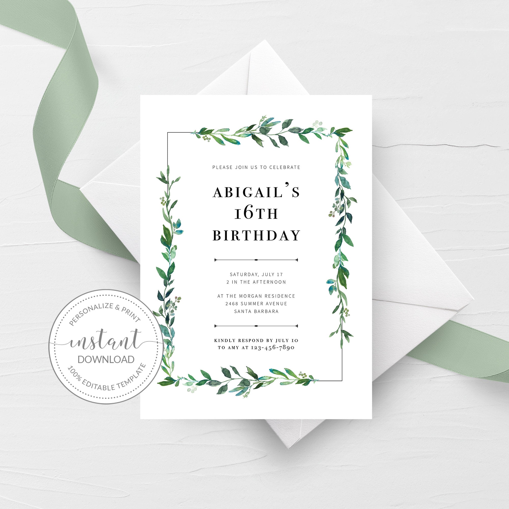 greenery-birthday-party-invitation-template-printable-birthday-invite-plumpolkadot for Free Printable Invitation Templates For Word Greenery Birthday Party Invitation Template, Printable Birthday Invite - PlumPolkaDot for Free Printable Invitation Templates For Word