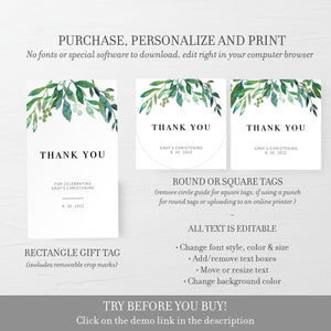 Greenery Christening Favor Tags Printable Template, Greenery Favor Tags, Christening Thank You, Round Square Rectangle DIGITAL DOWNLOAD G100
