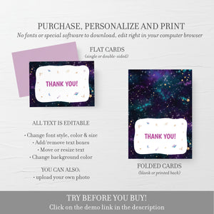 Outer Space Thank You Card Printable, Space Themed Thank You Note, Folded and Flat Cards 5X3.5, Editable Template DIGITAL DOWNLOAD - SG100