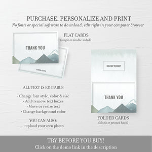 Mountain Wedding Thank You Card Printable, Outdoor Wedding Thank You Note, Folded and Flat 5X3.5, Editable Template DIGITAL DOWNLOAD - D100