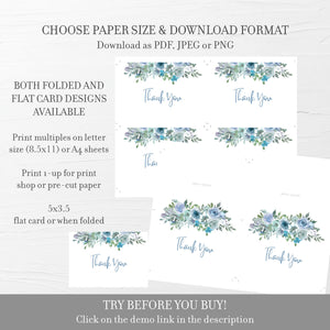 Blue Floral Thank You Card Printable, Blue Floral Wedding Thank You Note, Folded and Flat 5X3.5, Editable Template DIGITAL DOWNLOAD - BF100