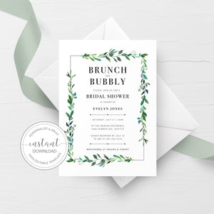 Greenery Brunch and Bubbly Bridal Shower Invitation Template, Printable Brunch Bridal Shower Invite, Brunch Bridal Shower Invitation - G100