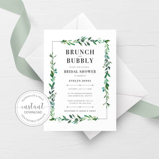 Greenery Brunch and Bubbly Bridal Shower Invitation Template, Printable Brunch Bridal Shower Invite, Brunch Bridal Shower Invitation - G100