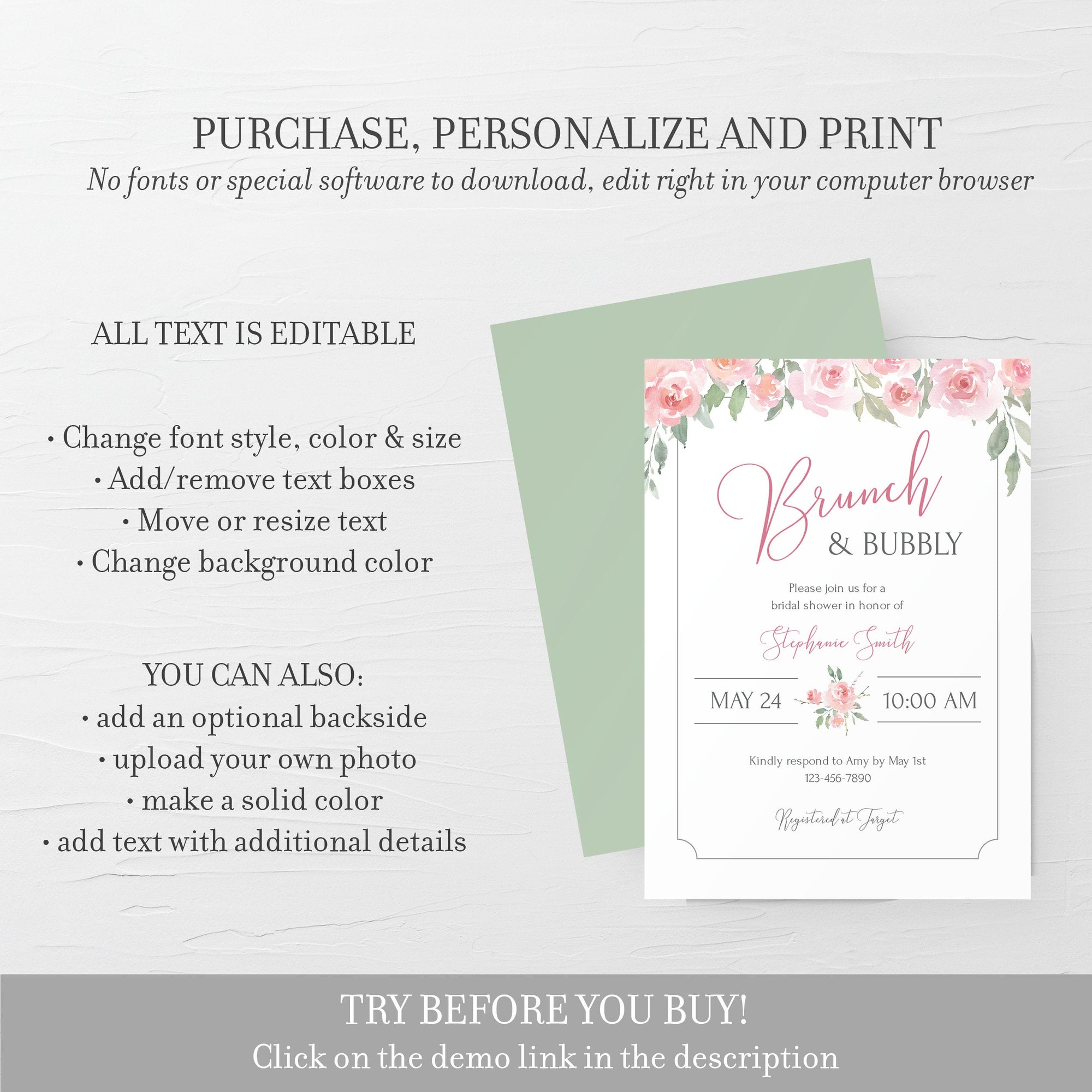 Pink Floral Brunch and Bubbly Bridal Shower Invitation Template, Printable Brunch Bridal Shower Invite, Brunch Bridal Shower - FR100