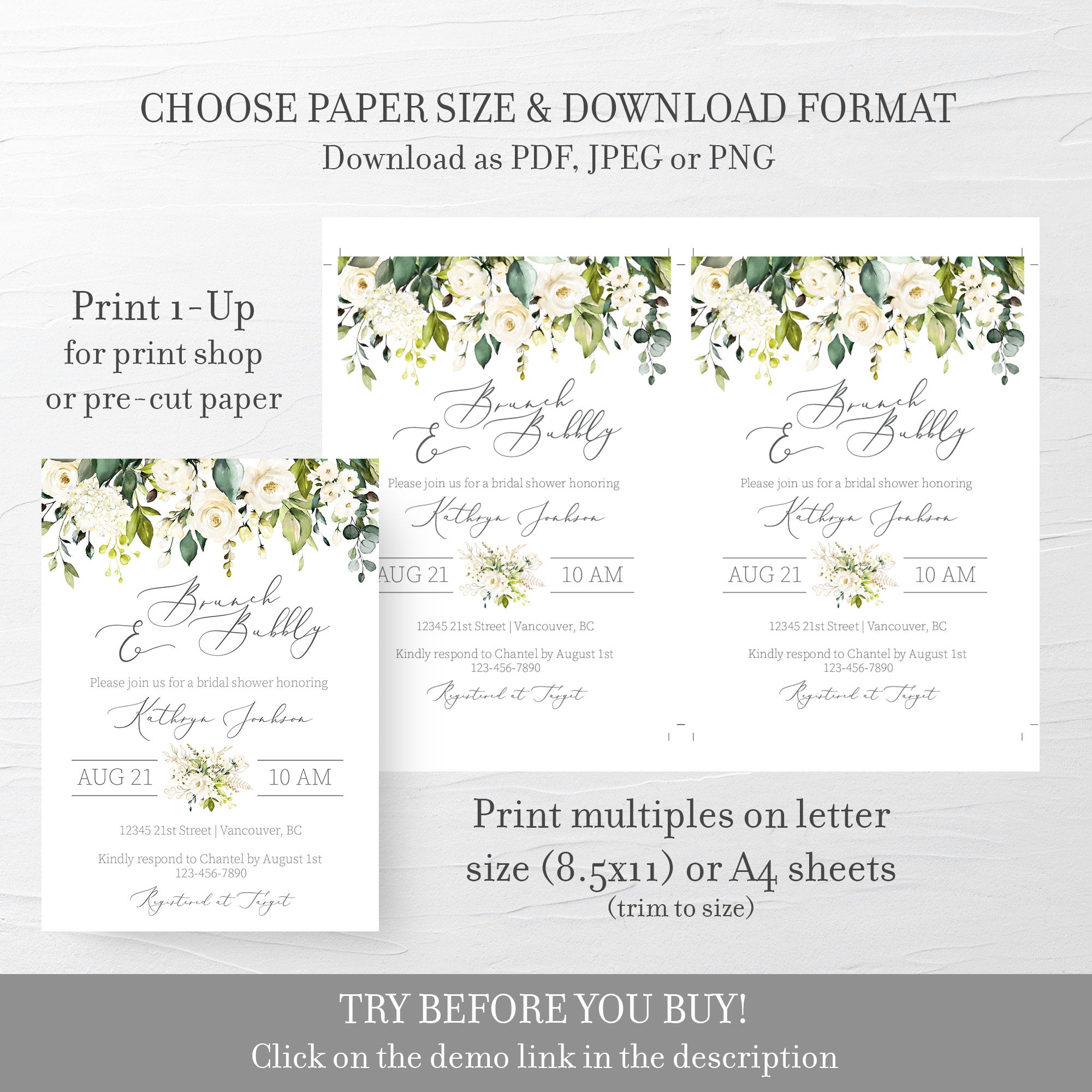White Floral Greenery Brunch and Bubbly Bridal Shower Invitation Template, Printable Brunch Bridal Shower Invite, 5x7 DIGITAL - WRG100