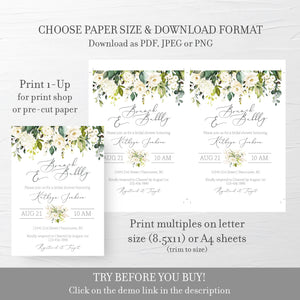 White Floral Greenery Brunch and Bubbly Bridal Shower Invitation Template, Printable Brunch Bridal Shower Invite, 5x7 DIGITAL - WRG100
