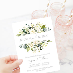 Brunch and Bubbly Bridal Shower Invitation Template, Printable Brunch Bridal Shower Invite White Floral Greenery, 5x7 DIGITAL - WRG100