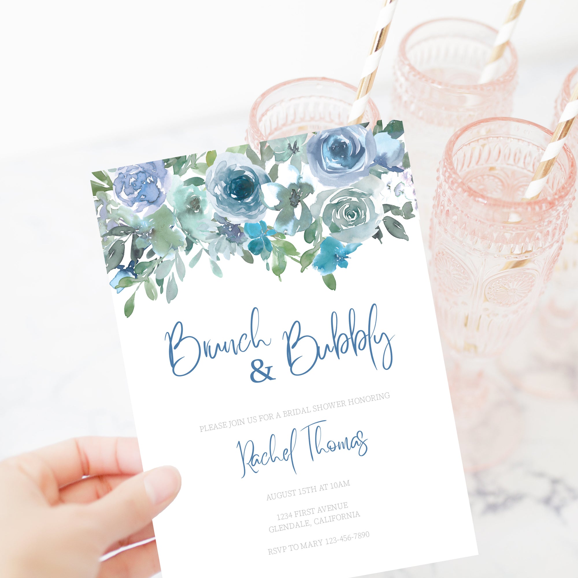 Blue Floral Brunch and Bubbly Bridal Shower Invitation Template, Printable Brunch Bridal Shower Invite, Brunch Bridal Shower - BF100