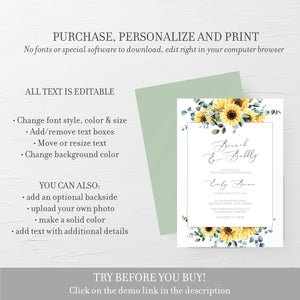 Sunflower Brunch and Bubbly Bridal Shower Invitation Template, Printable Brunch Bridal Shower Invite, Brunch Bridal Shower Invitation - S100