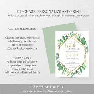 Greenery Brunch and Bubbly Bridal Shower Invitation Template, Printable Brunch Bridal Shower Invite, Brunch Bridal Shower Invitation GFG100