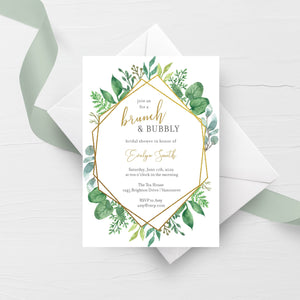 Greenery Brunch and Bubbly Bridal Shower Invitation Template, Printable Brunch Bridal Shower Invite, Brunch Bridal Shower Invitation GFG100
