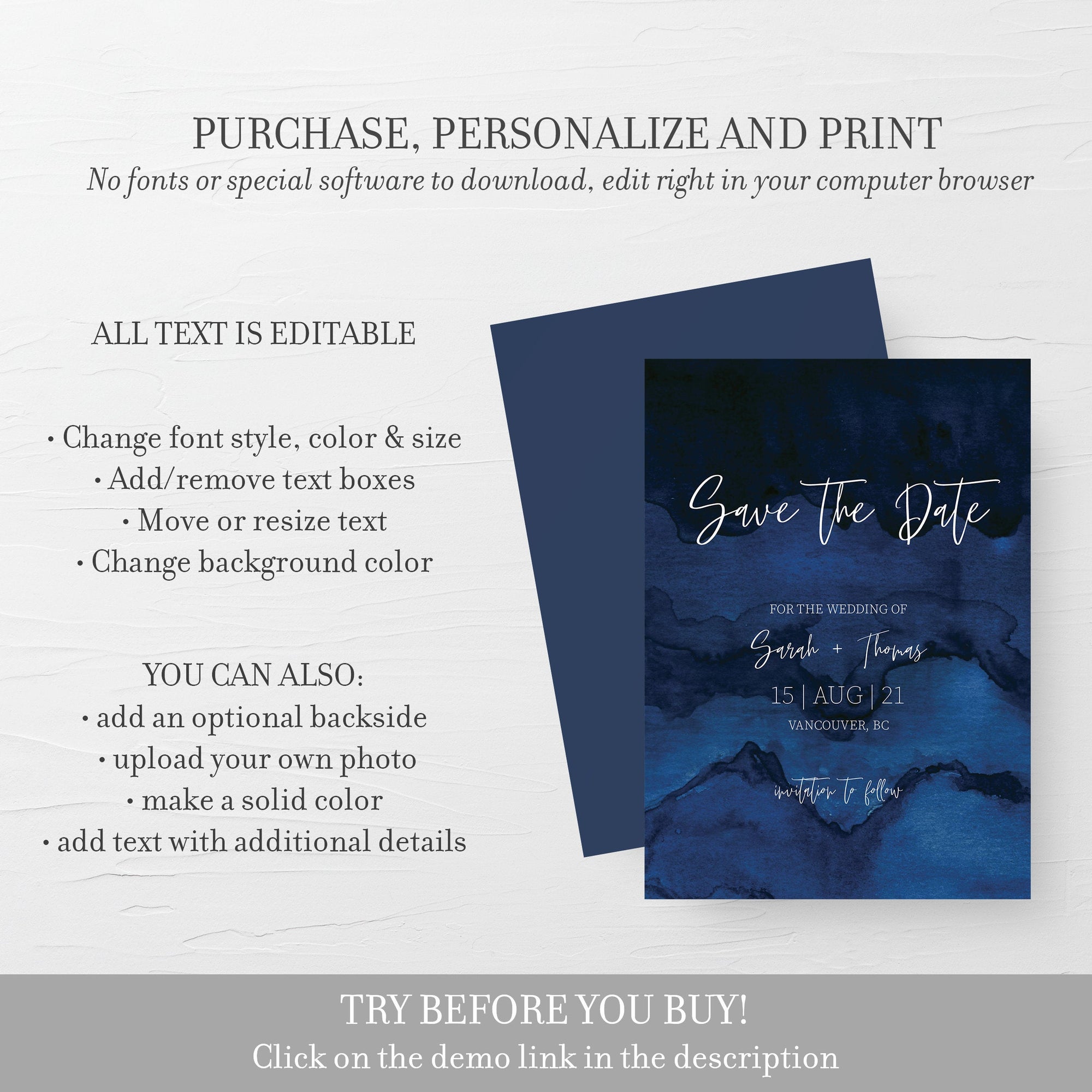 Dark Blue Save The Date Card Template, Watercolor Editable Wedding Engagement Announcement, Moody Save The Date Printable, 5x7 - MB100