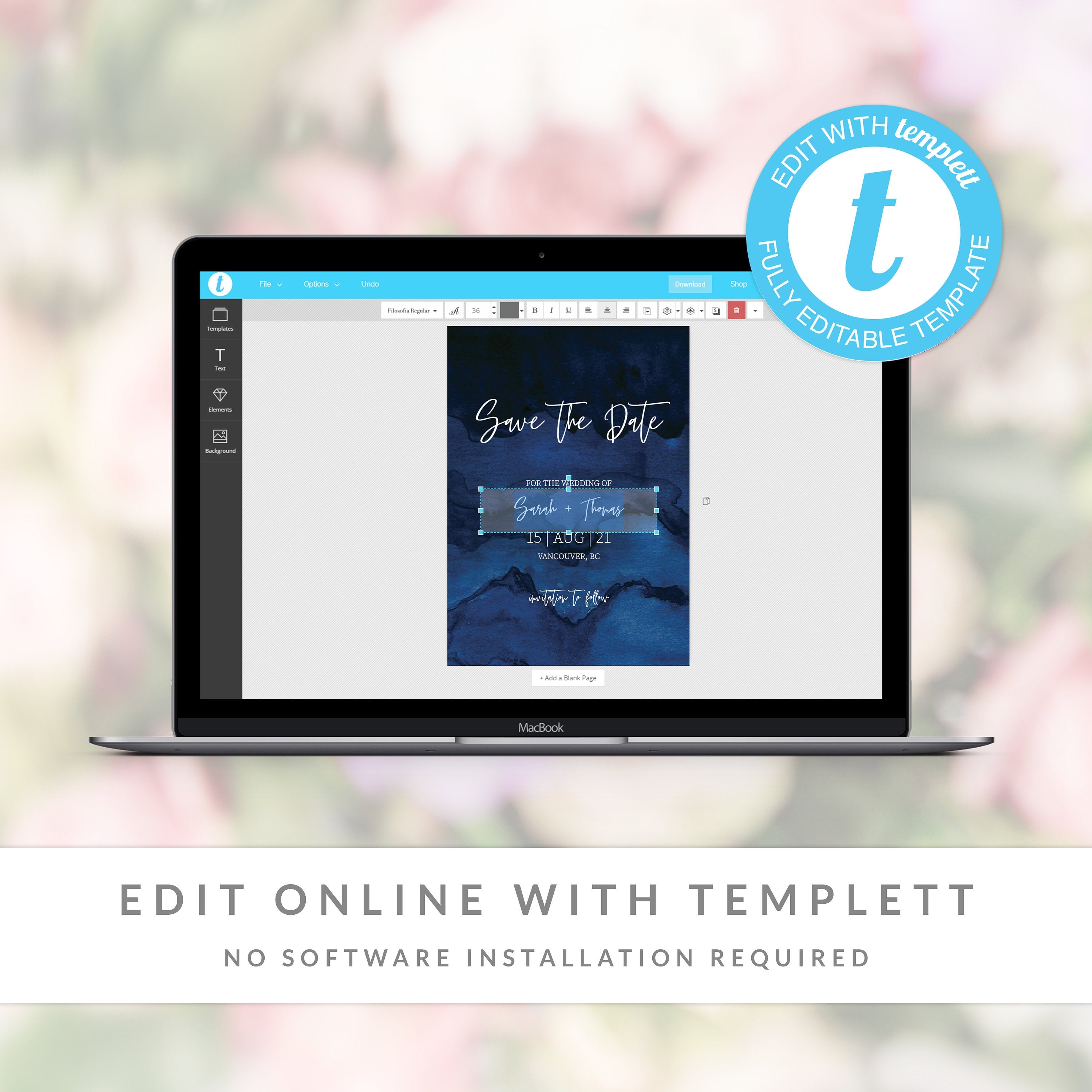 Dark Blue Save The Date Card Template, Watercolor Editable Wedding Engagement Announcement, Moody Save The Date Printable, 5x7 - MB100