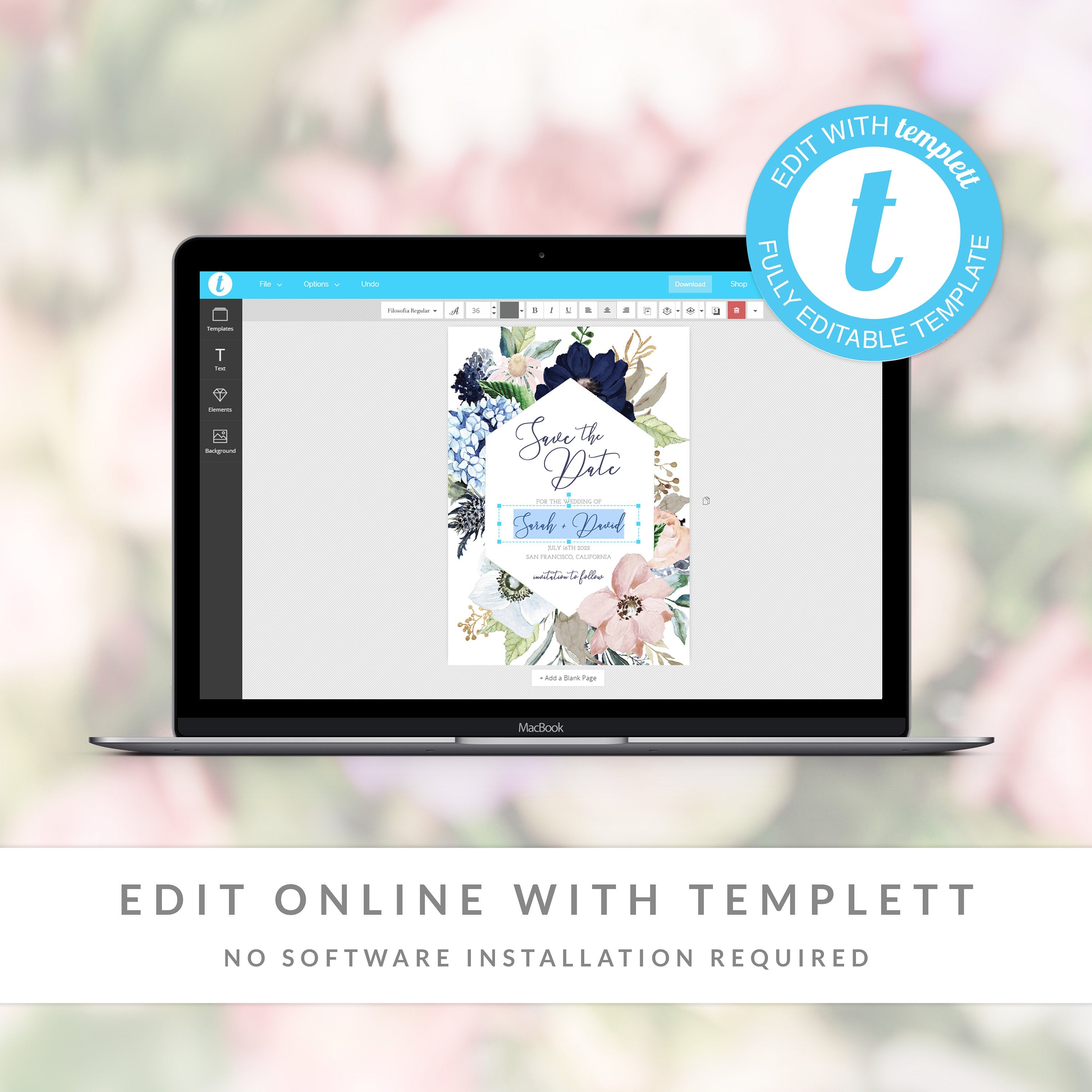 Blush and Navy Save The Date Card Template, Boho Floral Wedding Engagement Announcement, Save The Date Printable, 5x7 - MB100