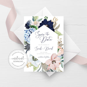 Blush and Navy Save The Date Card Template, Boho Floral Wedding Engagement Announcement, Save The Date Printable, 5x7 - MB100