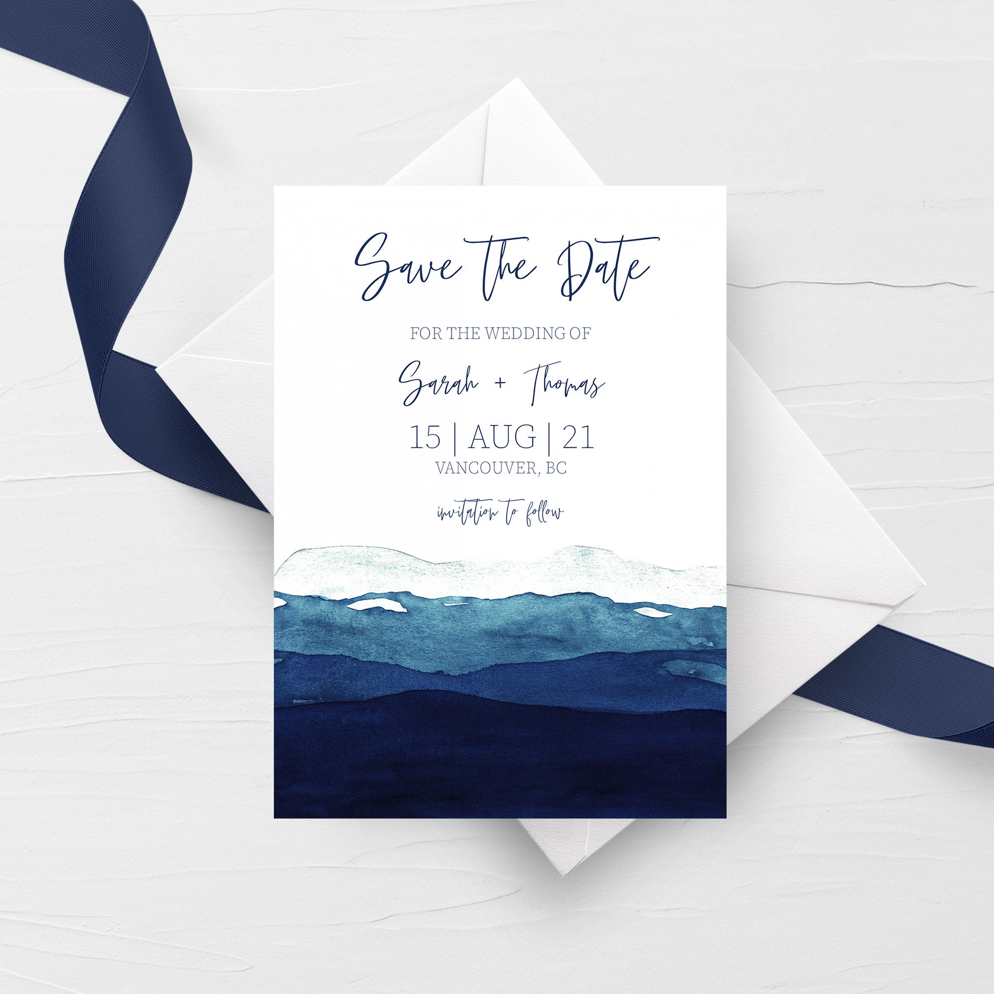 Printable Beach Save The Date Card, Watercolor Wedding Engagement Announcement, Ocean Waves, Seaside Save The Date Template, 5x7 - MB100
