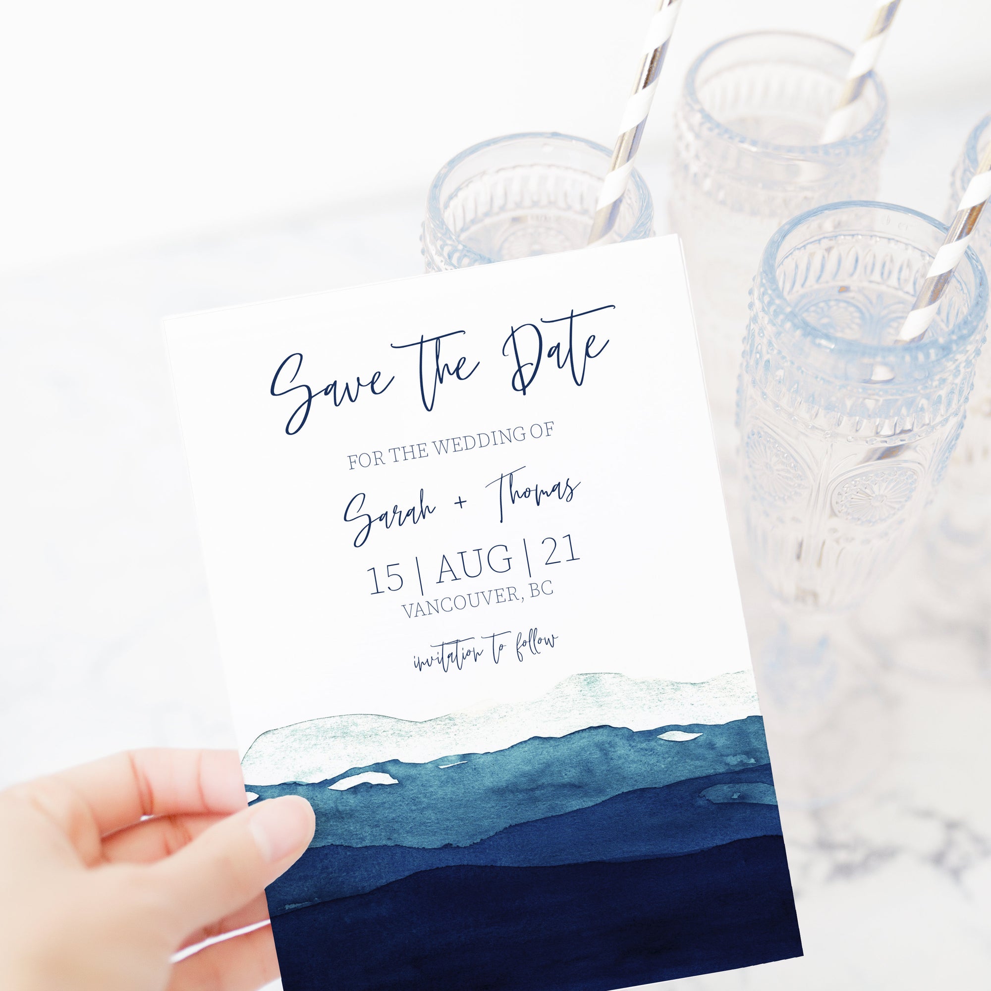 Printable Beach Save The Date Card, Watercolor Wedding Engagement Announcement, Ocean Waves, Seaside Save The Date Template, 5x7 - MB100