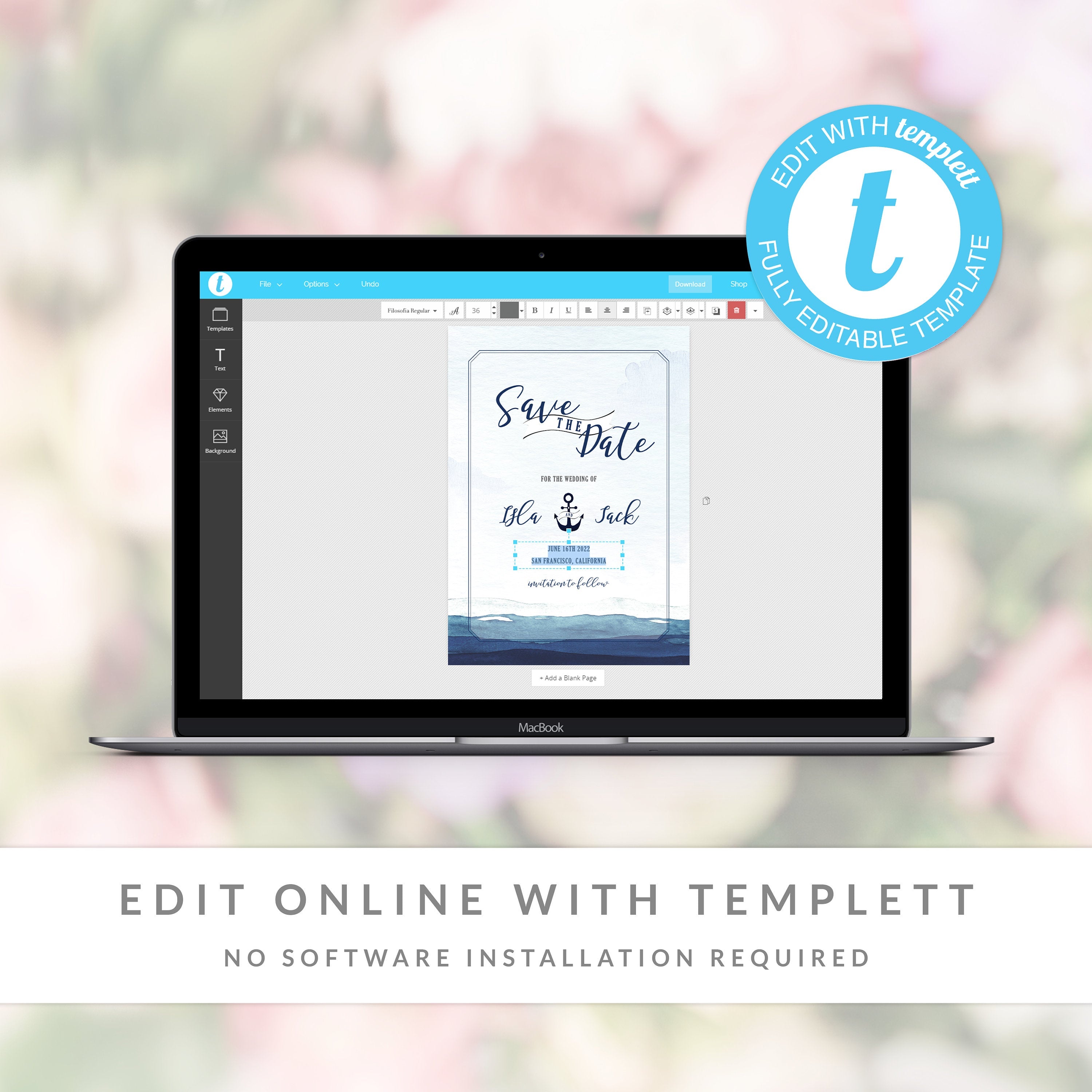 Nautical Save The Date Card, Watercolor Wedding Engagement Announcement, Ocean Waves, Seaside Anchor Save The Date Template, 5x7 - MB100